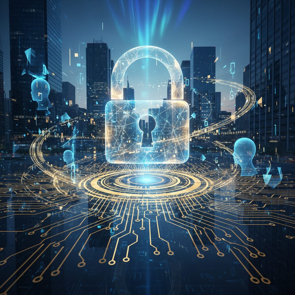 デジタルデータと錠前のアイコンが描かれた、近未来的な個人情報保護のイメージ画像