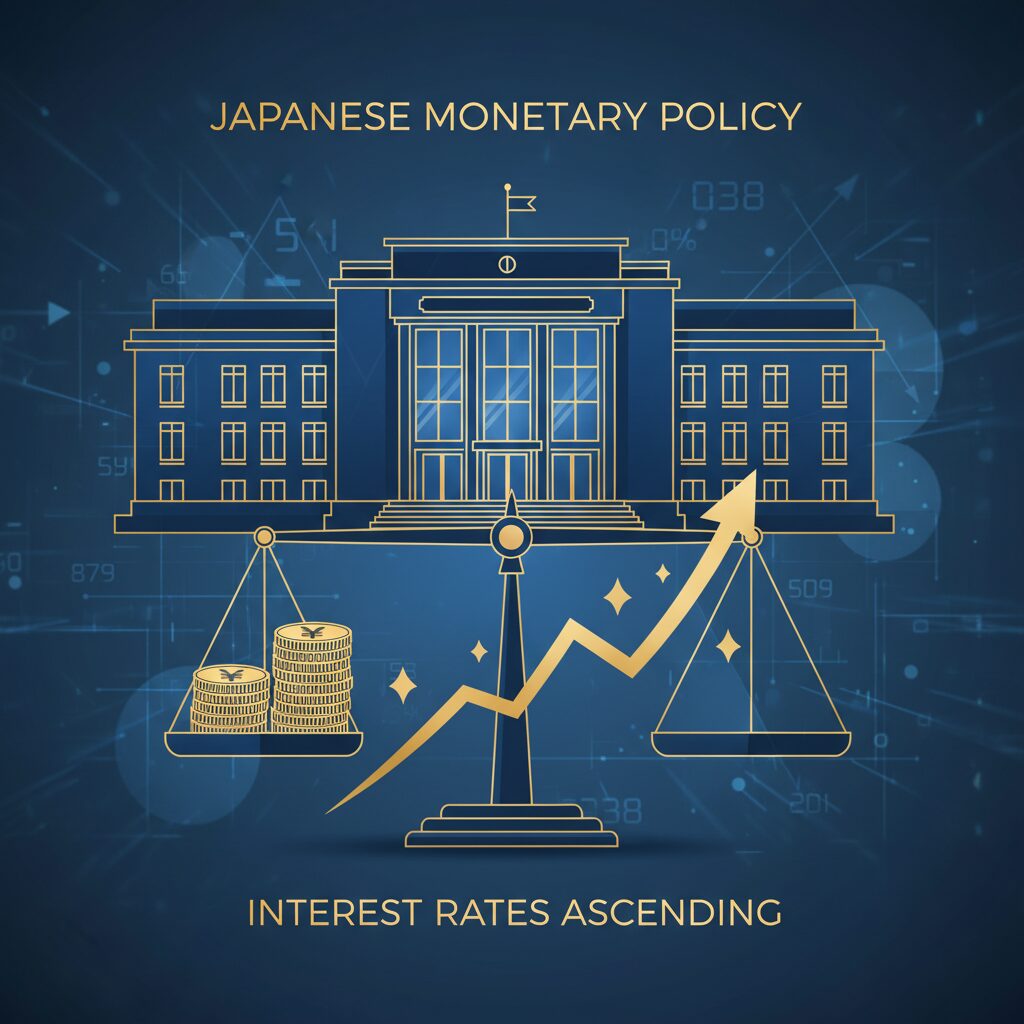 日本銀行の建物と上昇する金利グラフのコンセプトイラスト