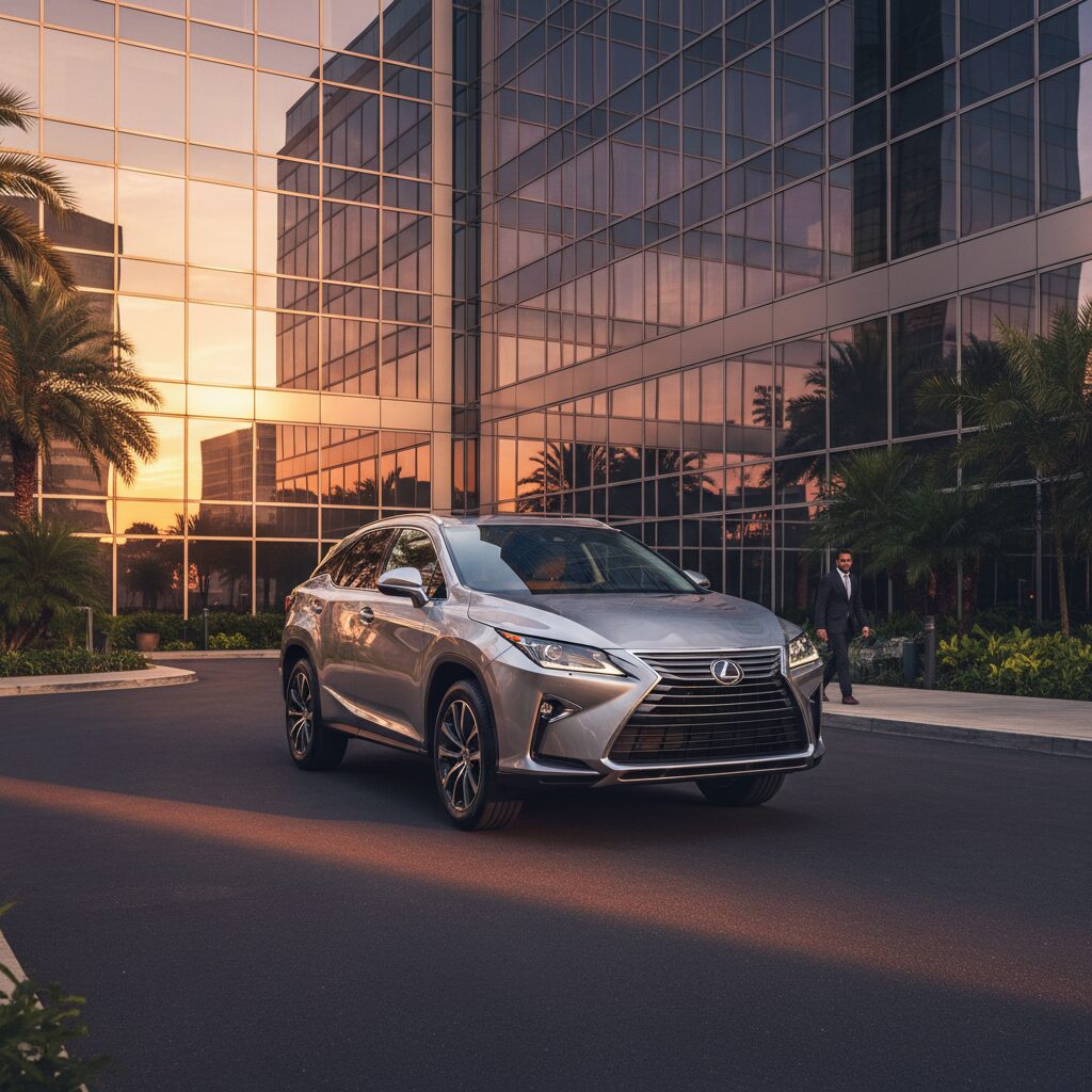 モダンな建築物の前に停車するシルバーのレクサスSUV。夕陽に照らされた高級感あふれる外観。