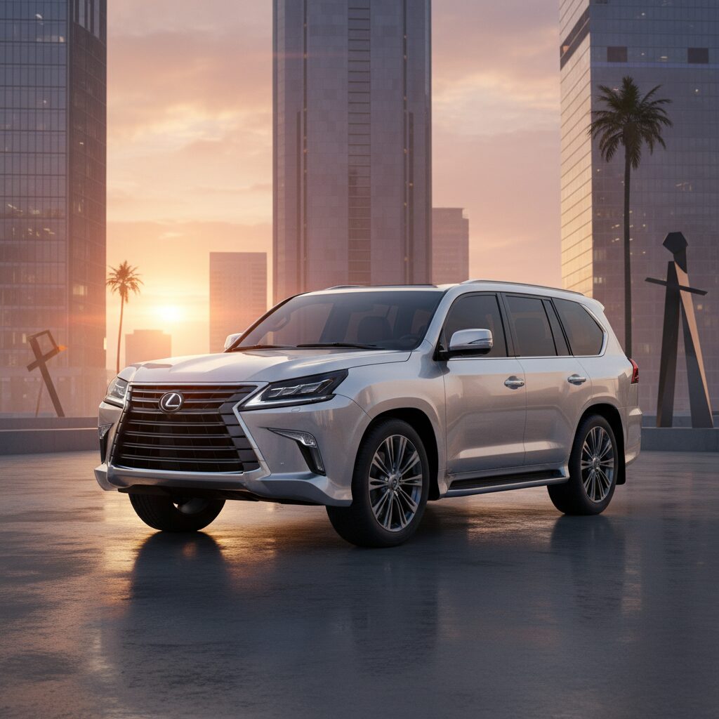 高級感のある夕暮れ時のレクサスSUVが都市のビル群を背景に停車している様子