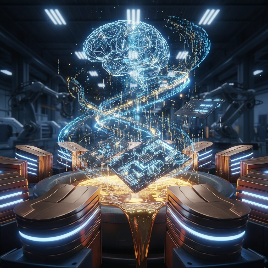 JX金属の株価動向を象徴する、溶融した金属とデジタル回路の融合イメージ