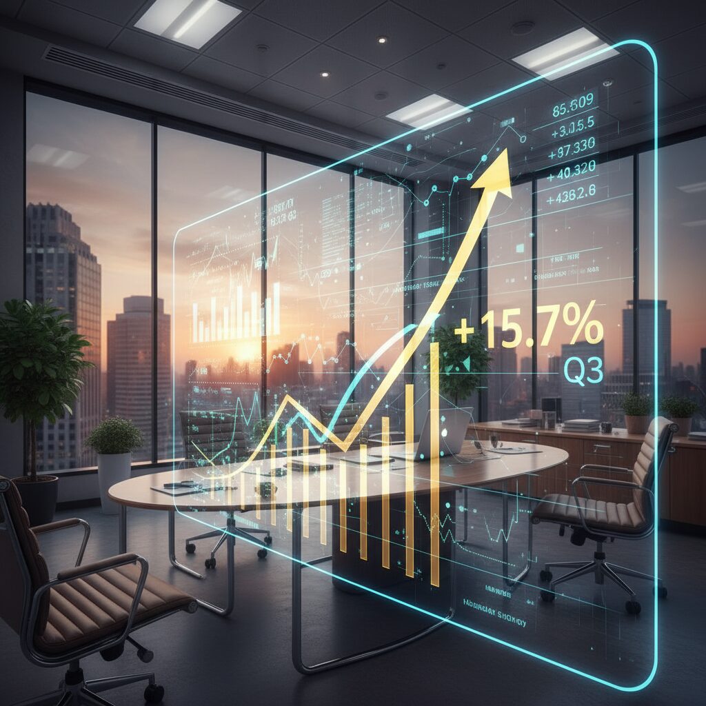 IT企業SCSKのロゴをイメージした高層ビルと上昇するグラフのイメージ図