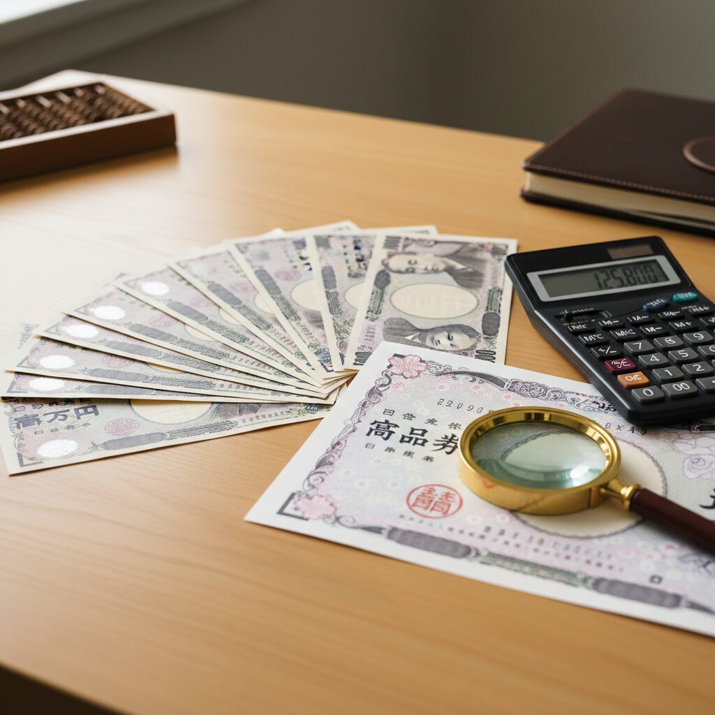 日本の商品券、現金、電卓が並ぶ、信頼感のある換金イメージ画像