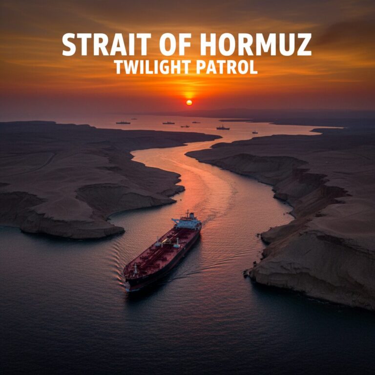 The Strait of Hormuz at sunset with a cargo ship and naval vessels, symbolizing global energy tension.