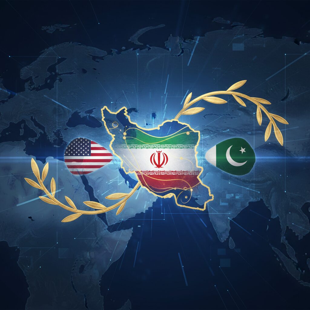 イランとアメリカの国旗、オリーブの枝、ホルムズ海峡を象徴する地図が描かれた、外交と平和をイメージしたイラスト。