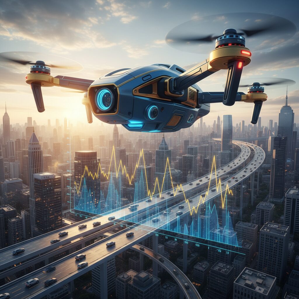 Terra Drone stock price analysis graph and futuristic industrial drone flying over a city at sunset.