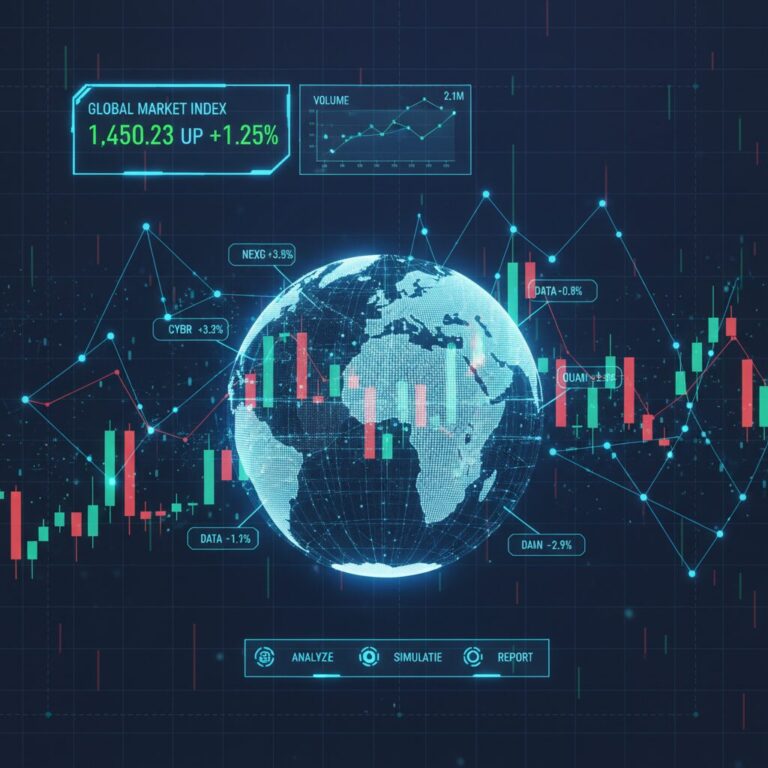 青く輝くデジタルデータネットワークと株価チャートが重なる近未来的なイメージ