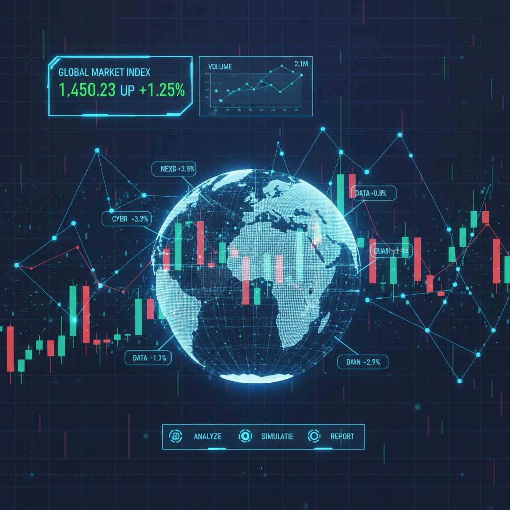 青く輝くデジタルデータネットワークと株価チャートが重なる近未来的なイメージ