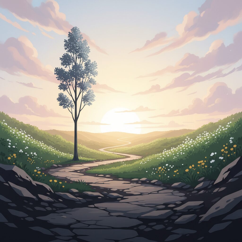 暗闇から明るい日の光が差し込む道へと進む、希望と回復を象徴する風景のイラスト。