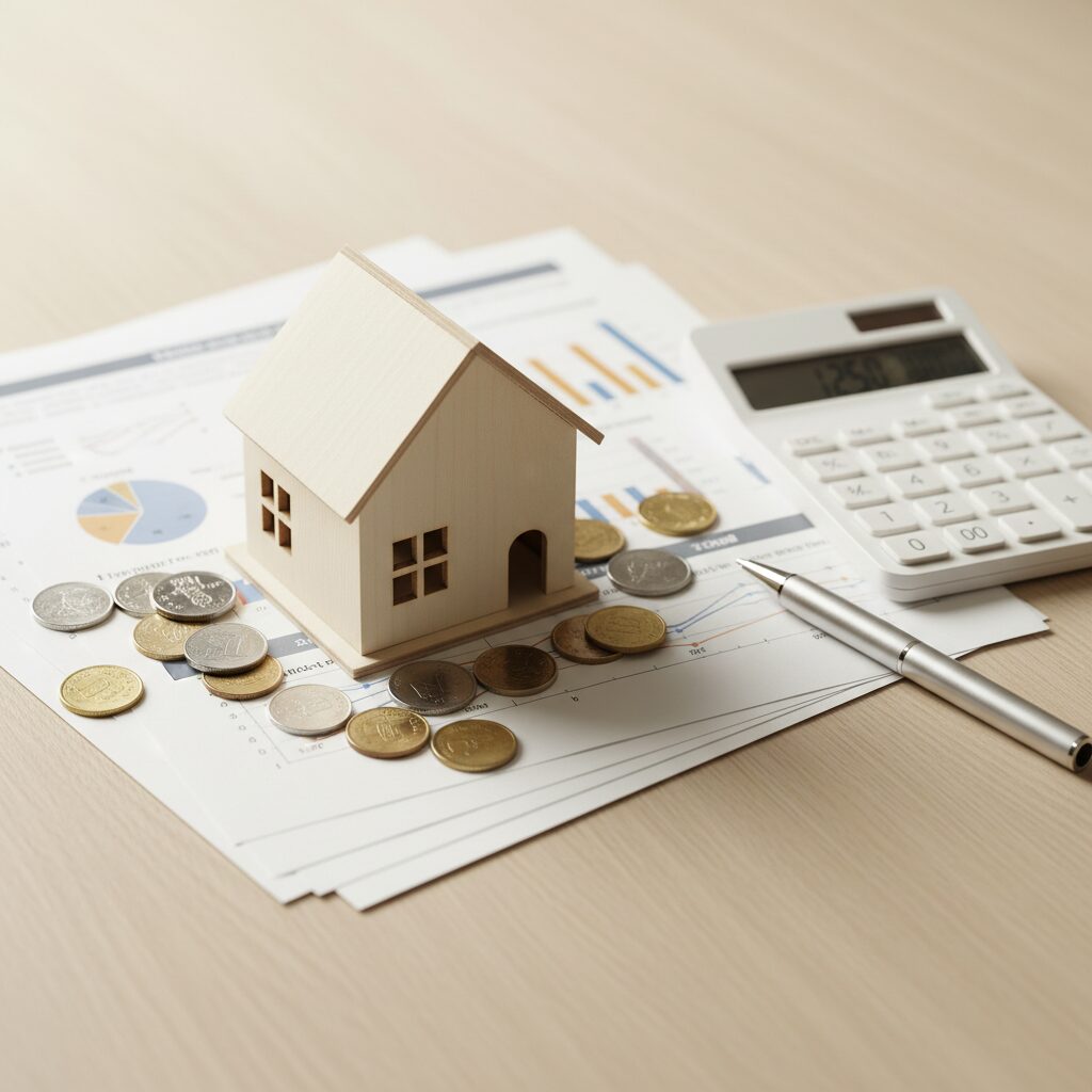 住宅ローン借り換え費用の内訳をイメージした家と書類のイラスト
