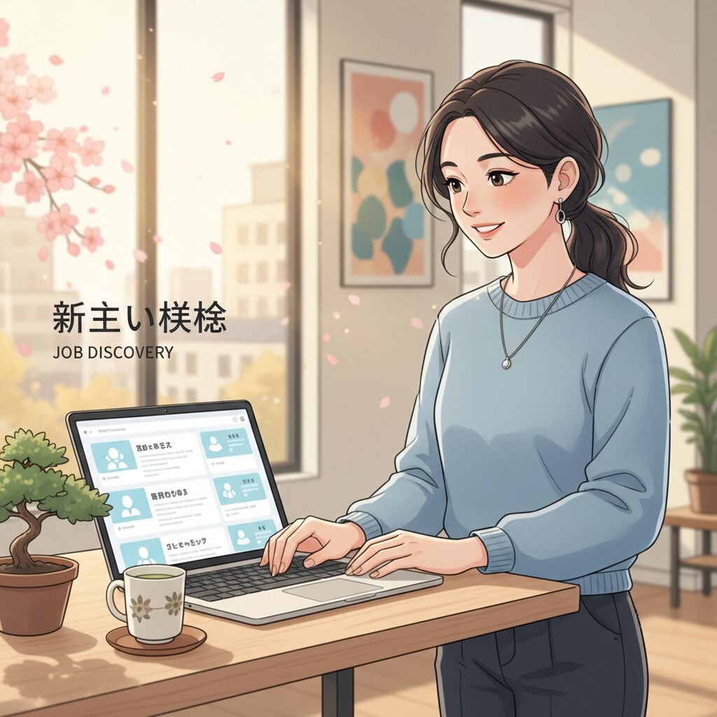 20代の転職サイト選びをイメージした若いビジネスパーソンのイラスト