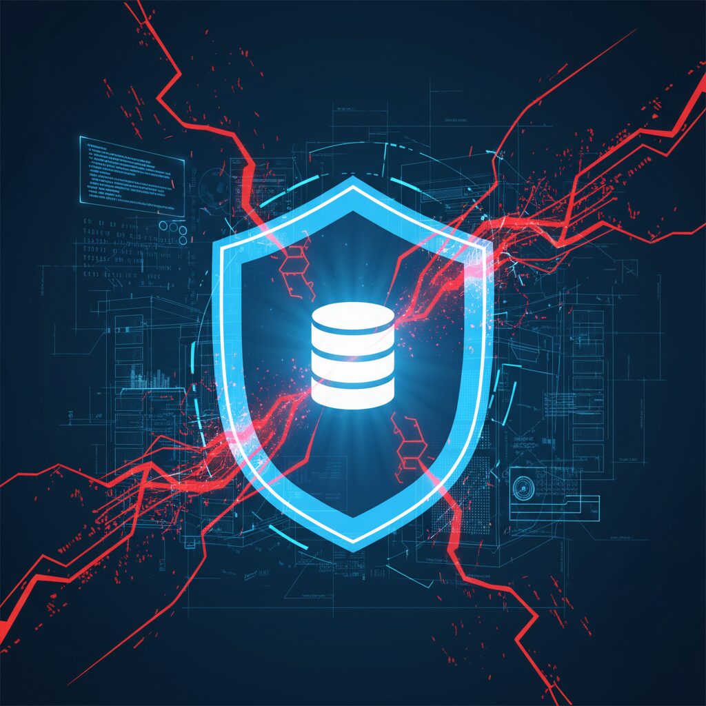 サイバー攻撃からデータを守るデジタルシールドのイラスト