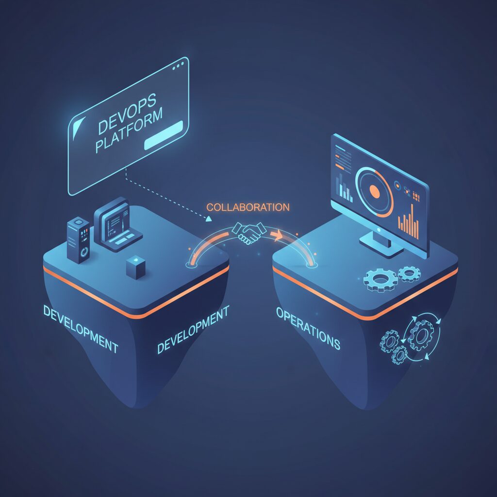 開発と運用の連携を象徴する、デジタルな橋と協力し合うチームのイラスト
