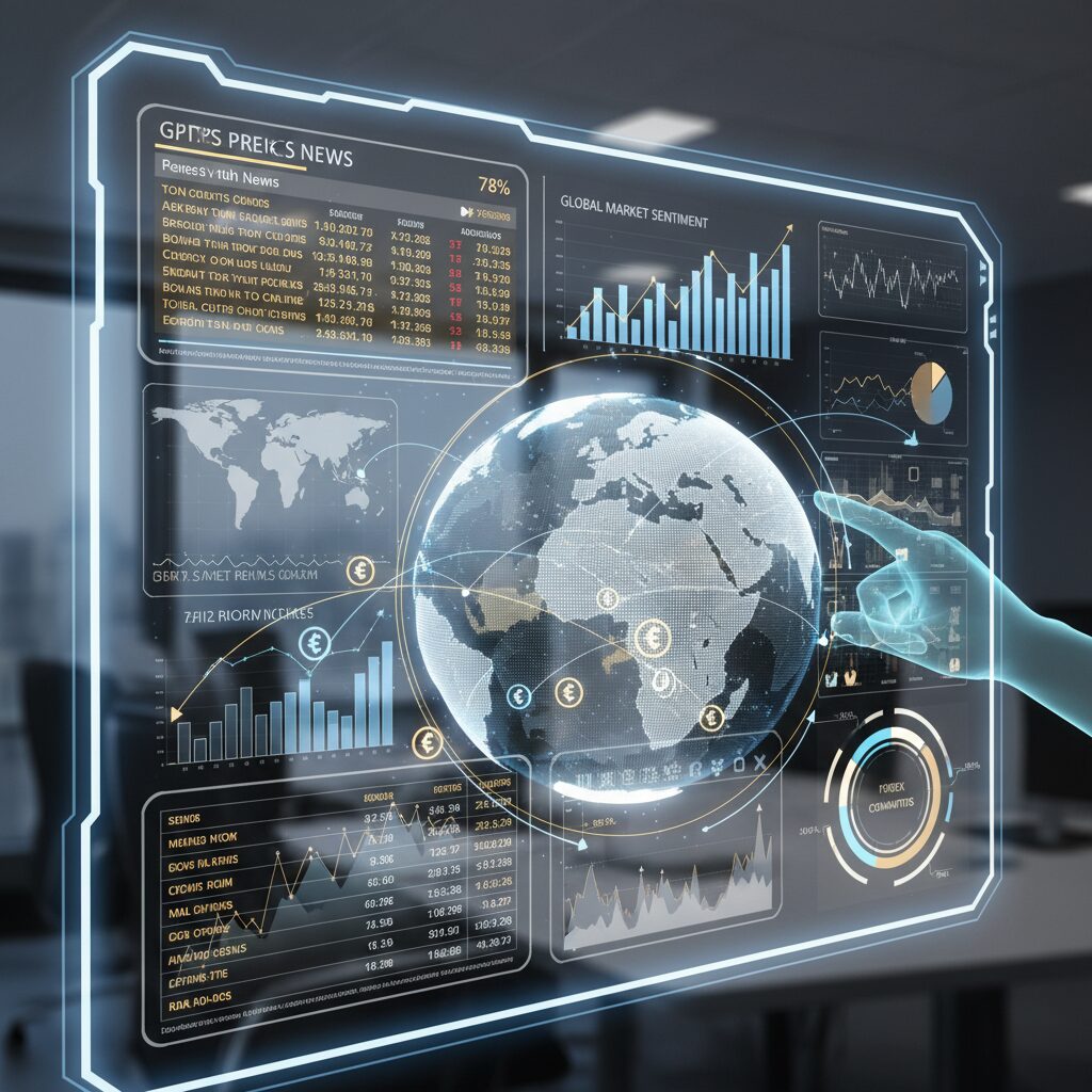 世界の主要な経済指標を表すアイコンと上昇する株価・為替チャートが融合したデジタルスクリーンのイメージ