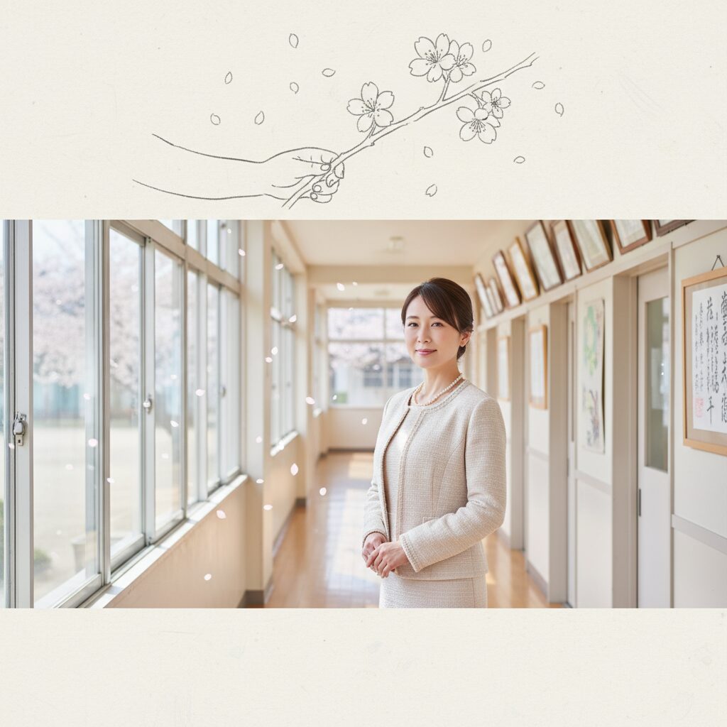 入学式にふさわしい、上品なベージュのツイードスーツを着用した母親のイメージ画像。柔らかな光が差し込む学校の廊下の風景。