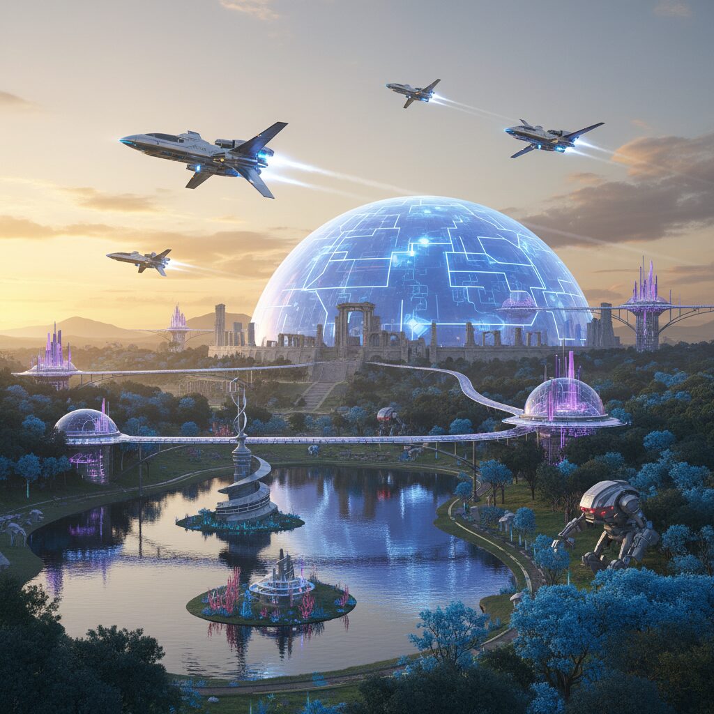 A vast and beautiful open world landscape featuring diverse biomes like mountains, forests, and a distant futuristic city under a sunset sky, representing the freedom of exploration in video games.