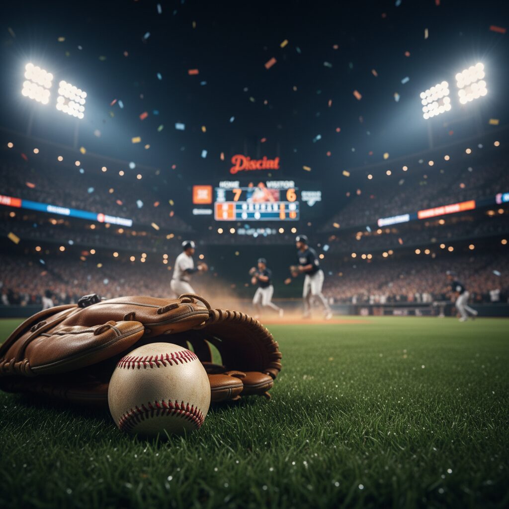 夜のプロ野球スタジアムの芝生の上に置かれた野球ボールとグローブ。背景にはナイター照明が輝いている。