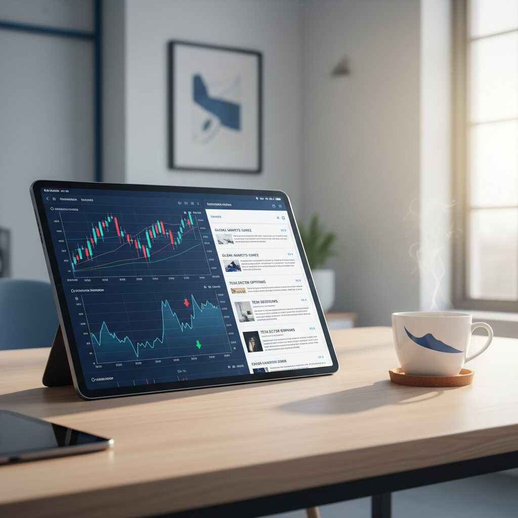 タブレットで日本経済新聞 電子版を読みながらコーヒーを楽しむビジネスパーソンの様子