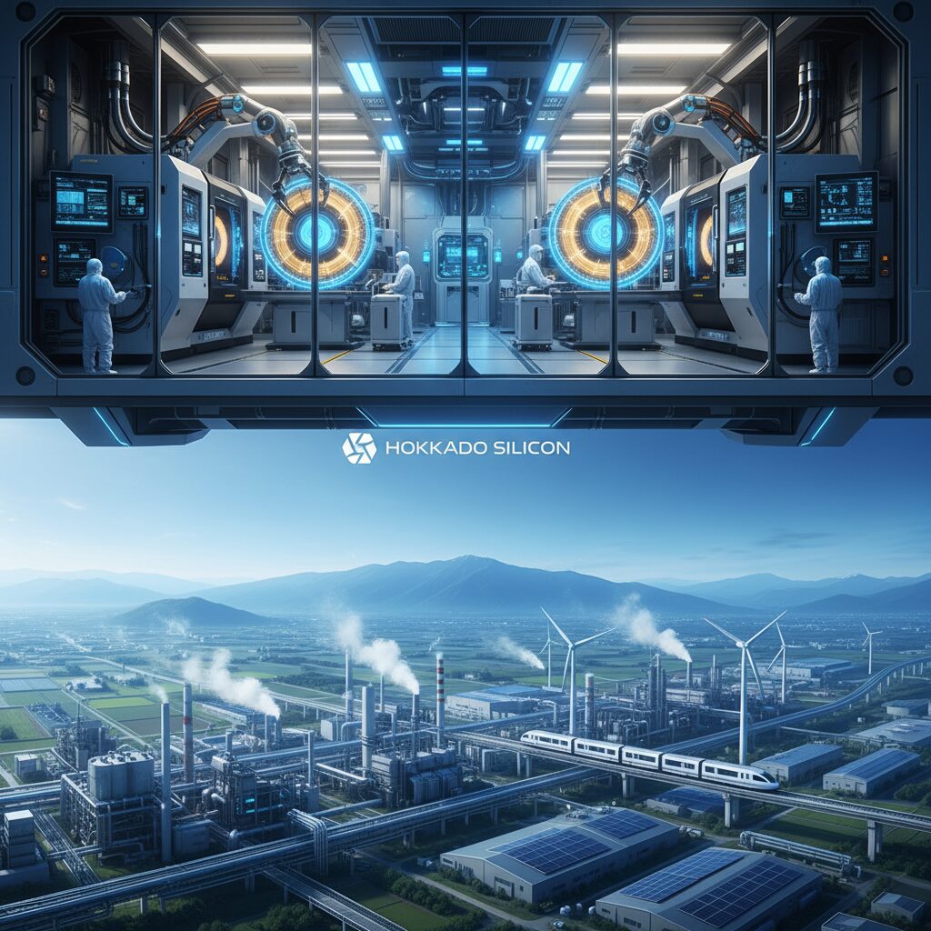 最先端の半導体クリーンルームとシリコンウェハーをイメージしたビジュアル