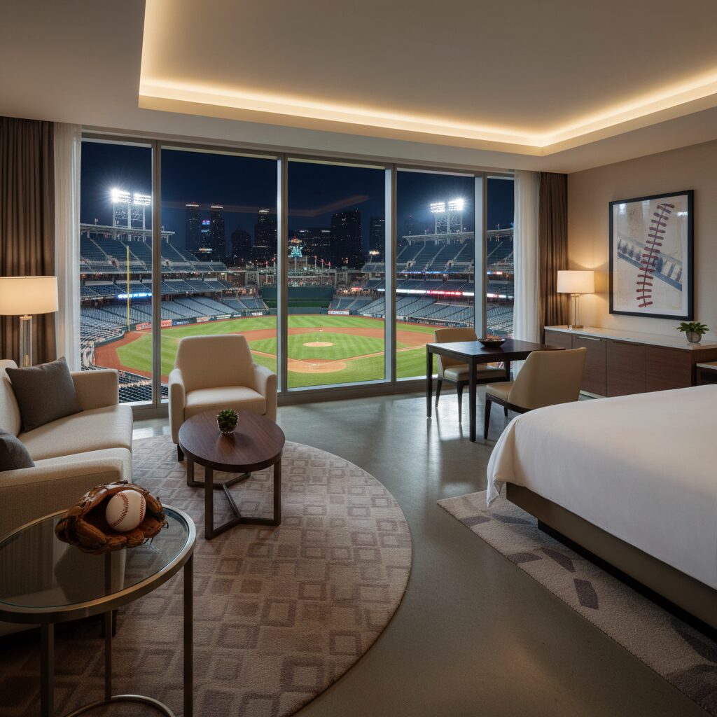 エスコンフィールドHOKKAIDOの球場内にあるホテルの窓からフィールドを眺める様子