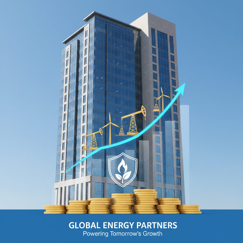 ジャパンガスエナジーのオフィスビルと安定した収入を象徴する上昇グラフのイメージ