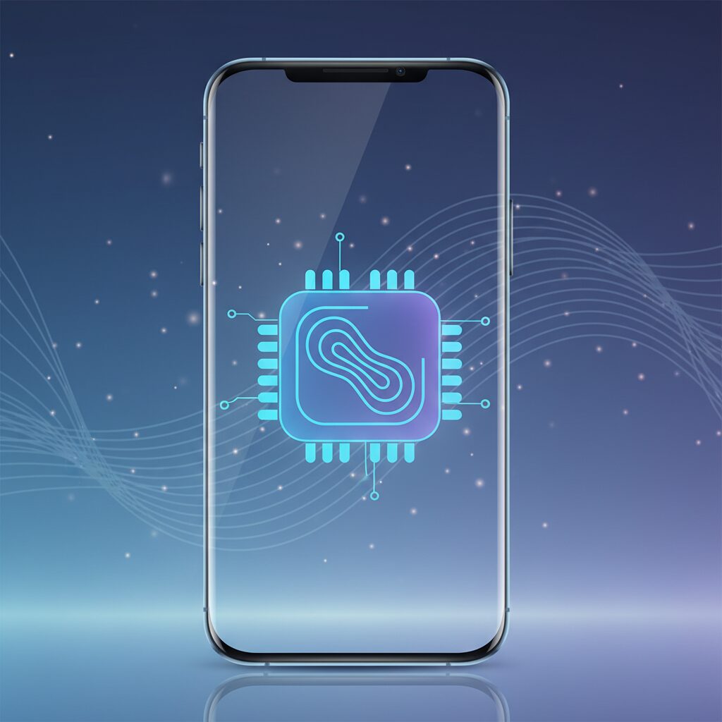 ワイモバイルのeSIMを象徴する、デジタルチップが輝くスマートフォンのイメージイラスト