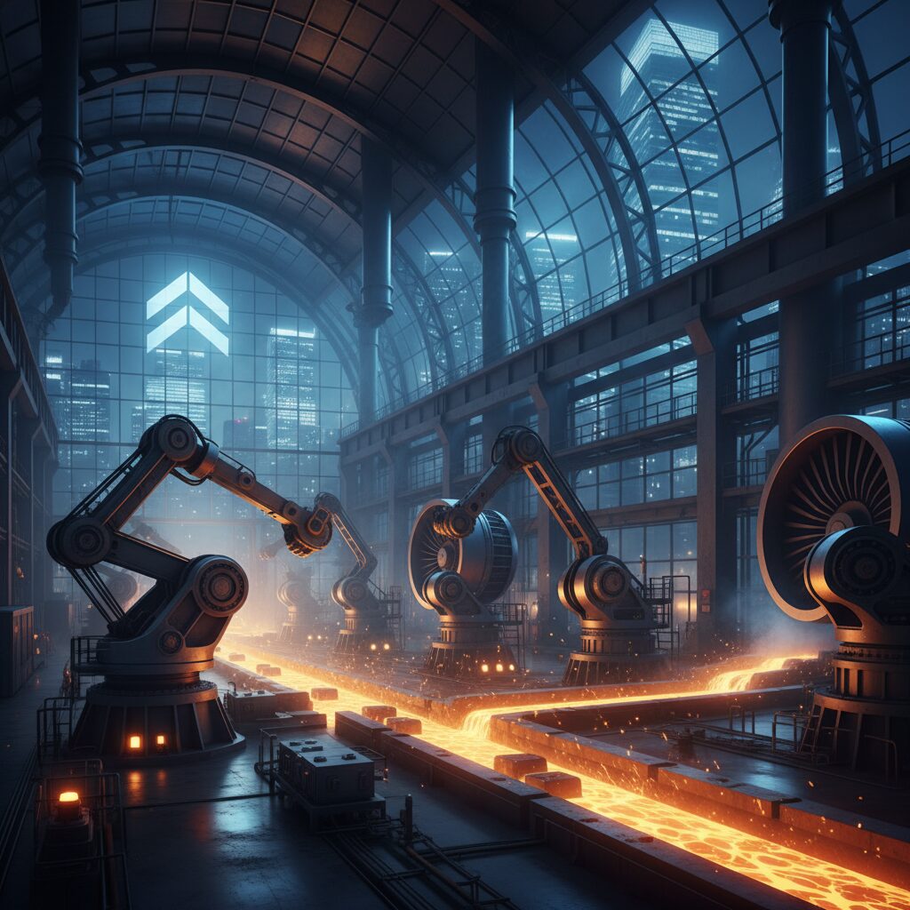 日本製鉄の製鉄所と溶融する鉄のイメージ図