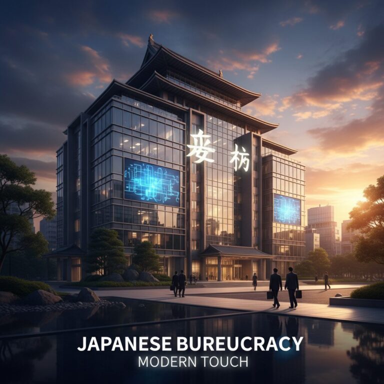 Japanese government office building in Kasumigaseki at sunset, representing the career path of bureaucrats.