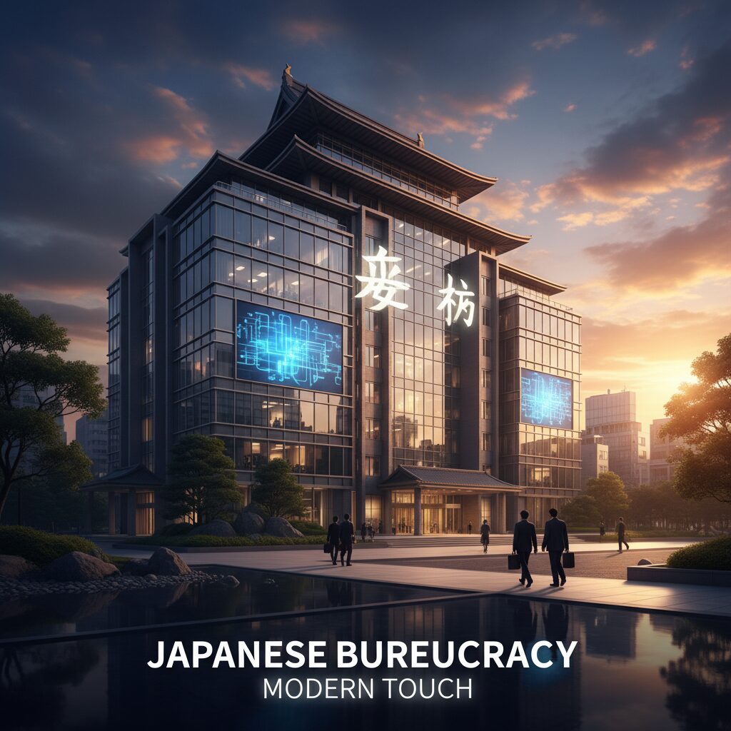 Japanese government office building in Kasumigaseki at sunset, representing the career path of bureaucrats.