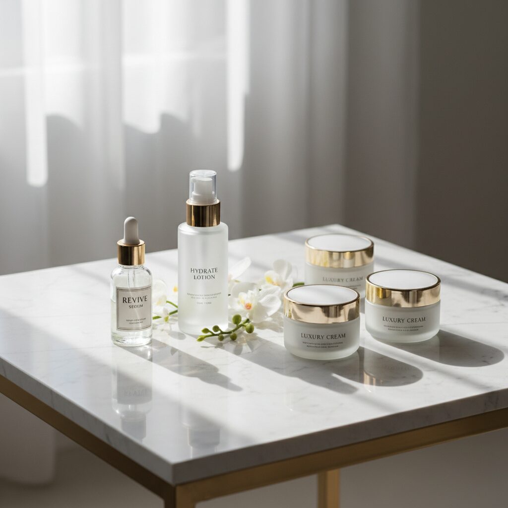 小田切ヒロさんおすすめのスキンケアアイテムが美しく並んだイメージ画像