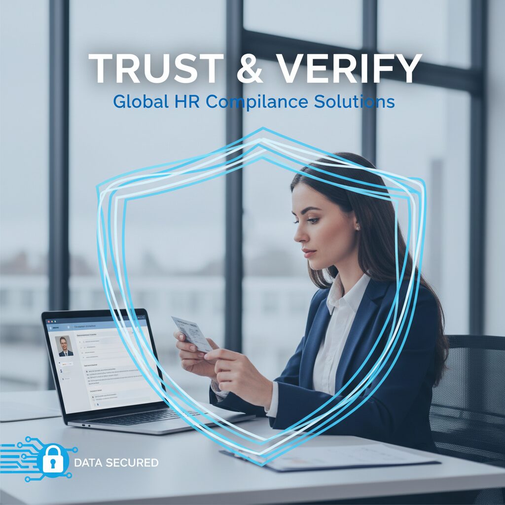 パソコンの前で在留カードを確認する採用担当者のイメージ画像。セキュリティとコンプライアンスを象徴する清潔感のあるデザイン。