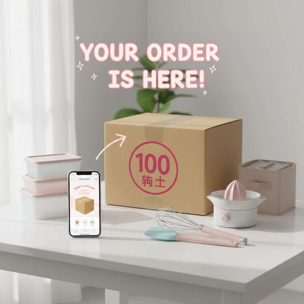 ダイソーのロゴ入り段ボールとスマホ、100円ショップの便利グッズが並ぶイメージ画像