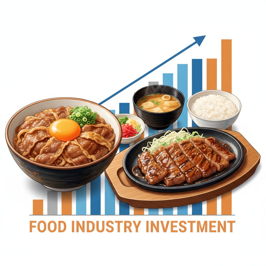 松屋フーズの豪華な牛めし定食と株価チャートのイメージ画像