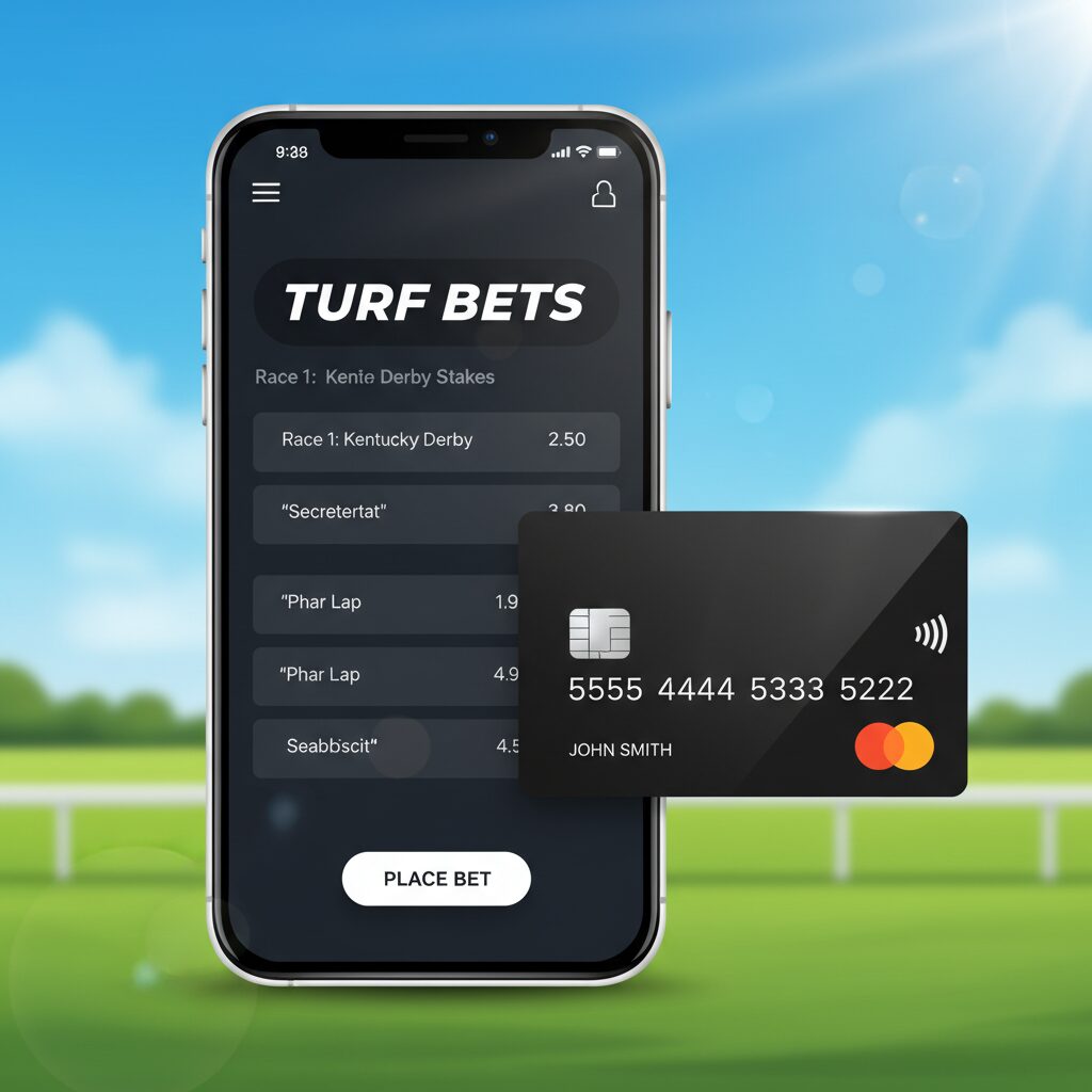 JRAダイレクトのロゴイメージとスマートフォン、クレジットカードが並んだデジタルイラスト。背景には競馬場のコースが見える。