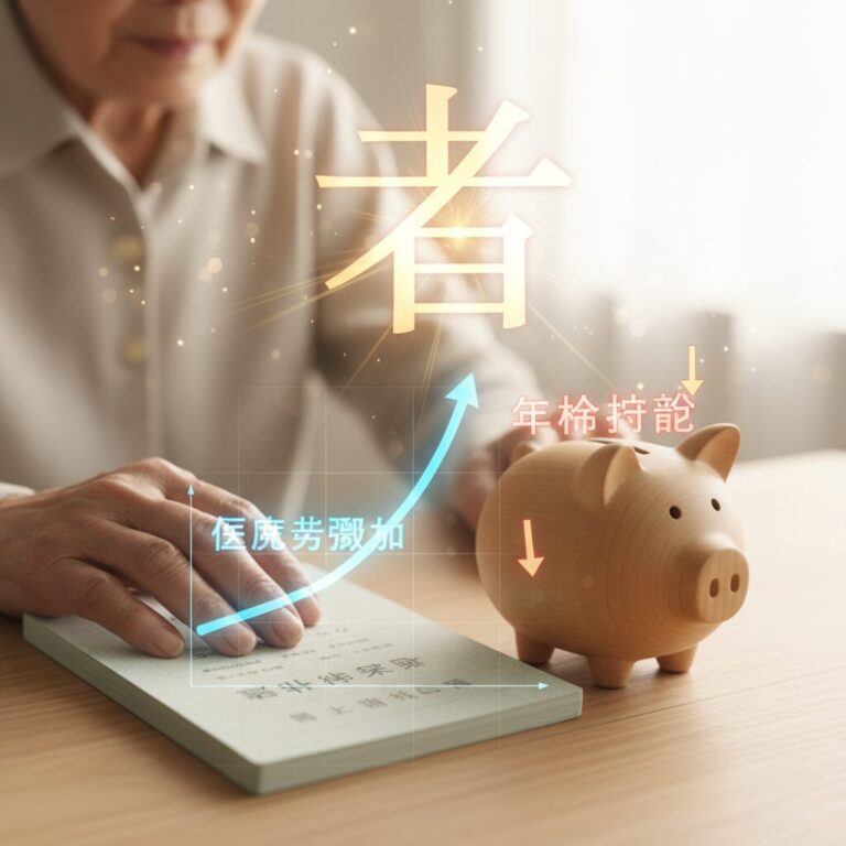 Financial documents and a piggy bank representing medical insurance premiums for the elderly.