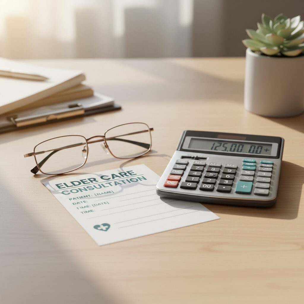 高齢者の医療費と家計管理をイメージした、計算機と診察券が置かれた机の風景