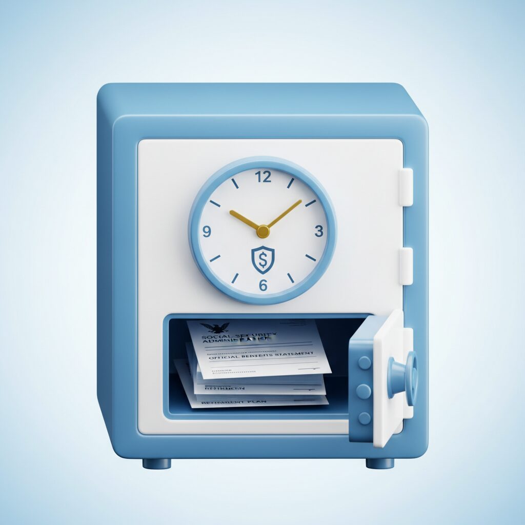 国民年金の差し押さえや免除制度をイメージした、金庫と書類の3Dイラスト