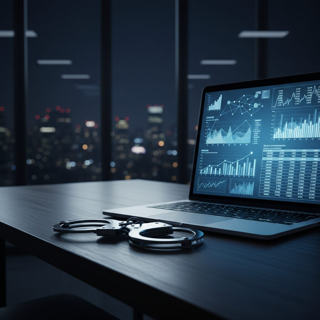 架空取引による逮捕のリスクを象徴する、手錠とパソコン、そして複雑な取引データのイメージ画像