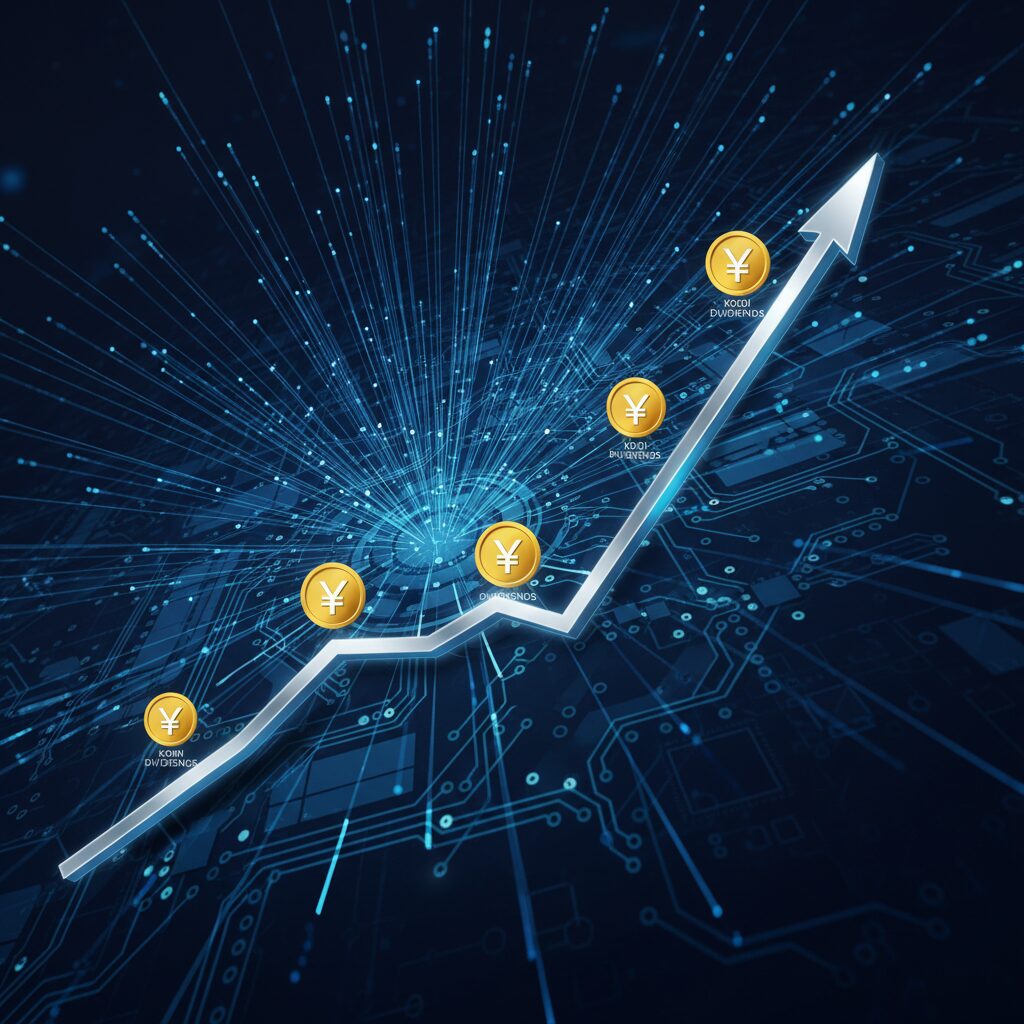 KDDIの株価チャートとデジタルの光が交差する、成長と安定をイメージしたビジュアル