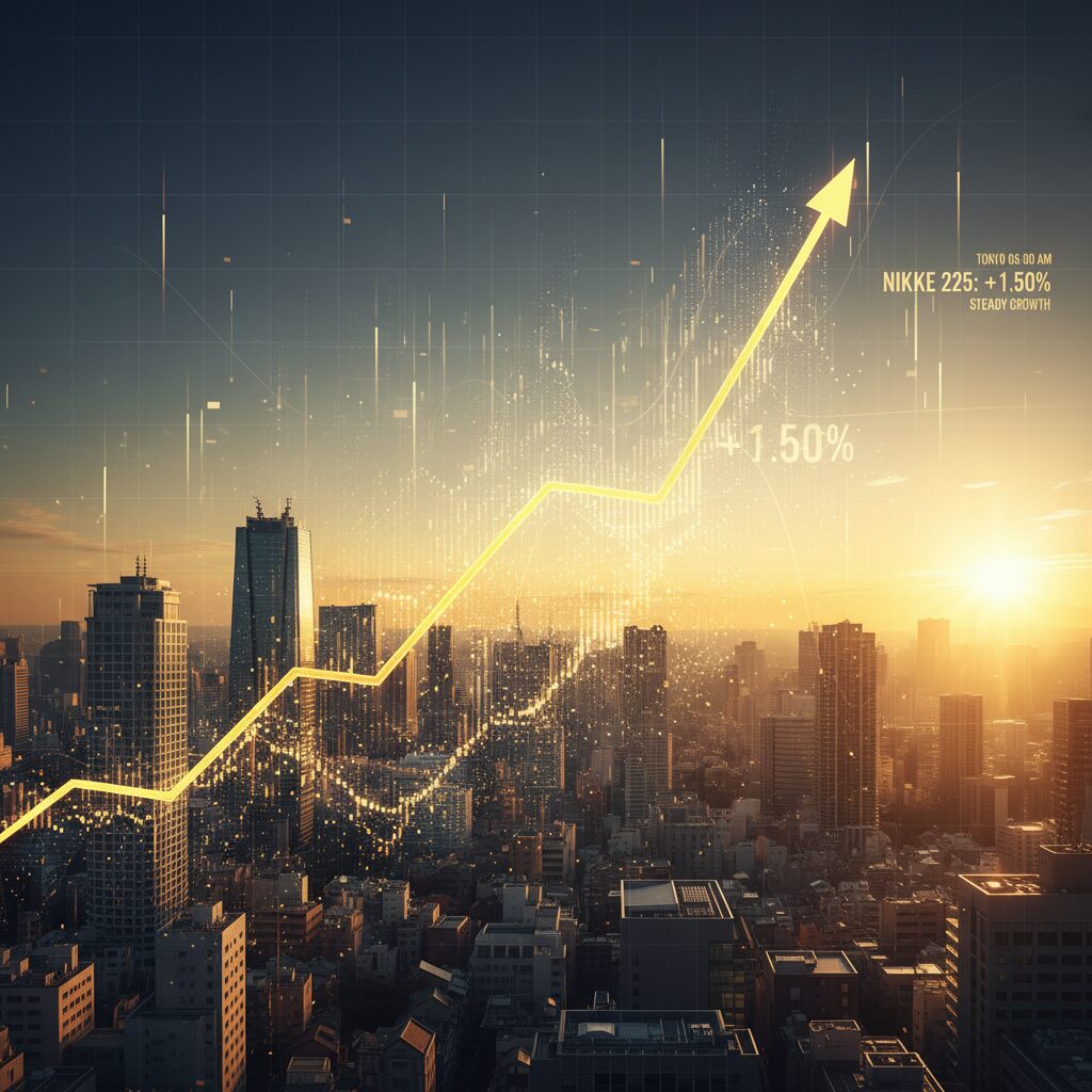 日経平均株価の上昇トレンドを示すグラフと東京の街並みのイメージ