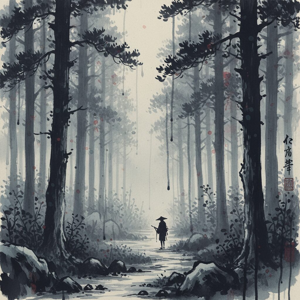 霧に包まれた京都府南丹市の山林と細い道の風景