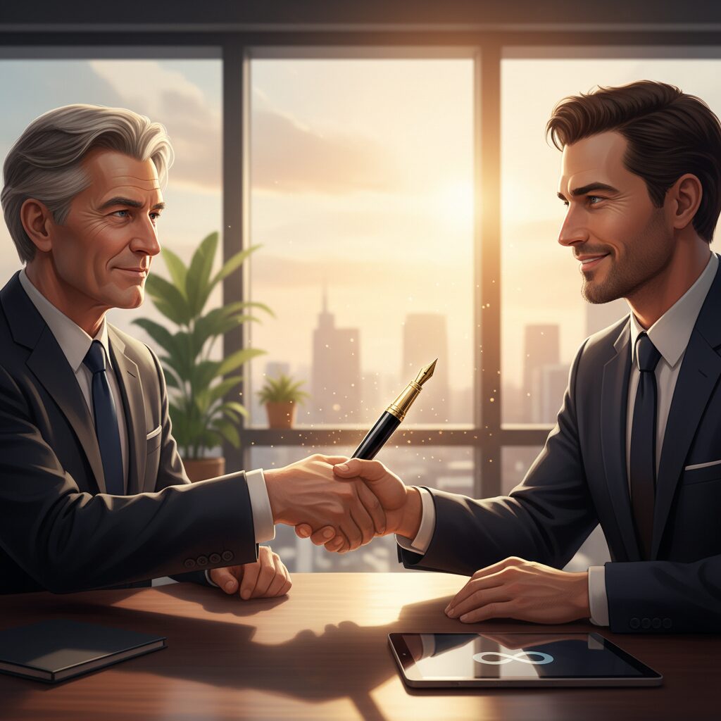 オフィスでベテラン経営者が若手の後継者にバトンを渡すような象徴的な瞬間を表現したビジネスイメージ