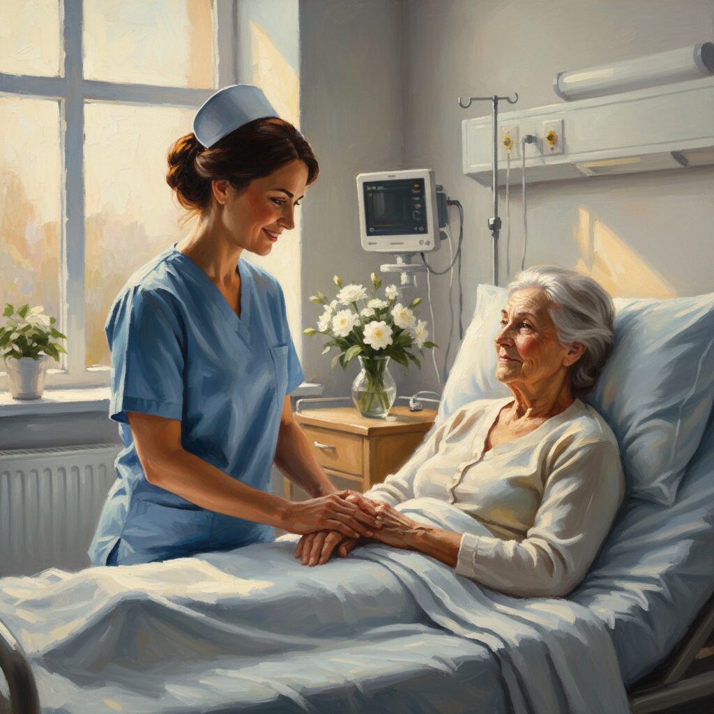 笑顔で患者と接する看護師と温かい光が差し込む病院の風景