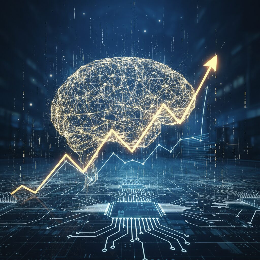 A conceptual image showing digital neural networks and a soaring stock chart symbolizing SoftBank Group's AI investment strategy.