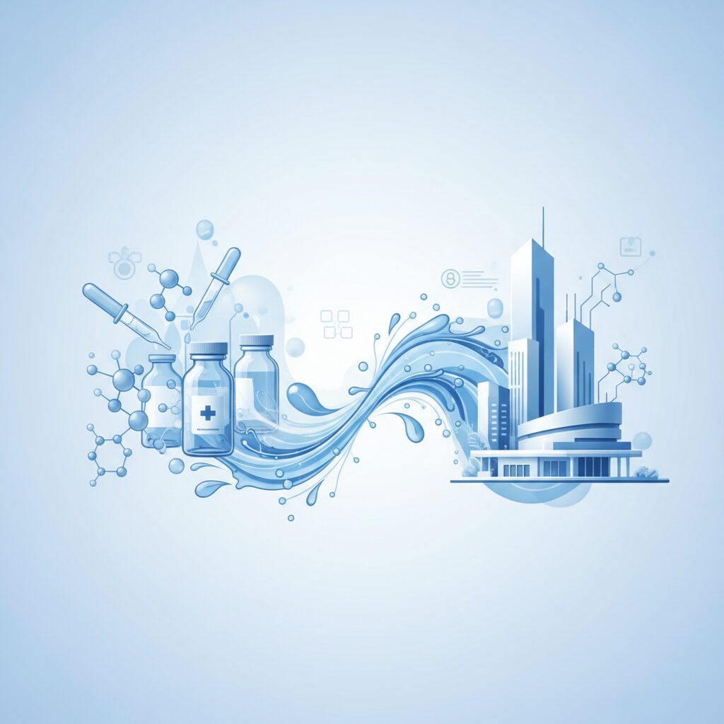 製薬と健康飲料の融合をイメージしたクリーンな企業コンセプト画像