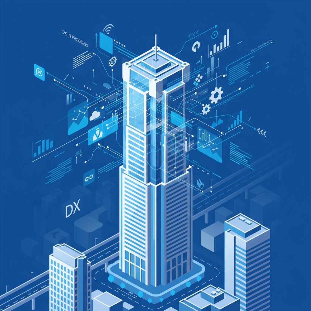 都会のオフィス街を背景に、デジタルデータとビジネスが融合するイメージ図。ベイカレント・コンサルティングの成長性を象徴。