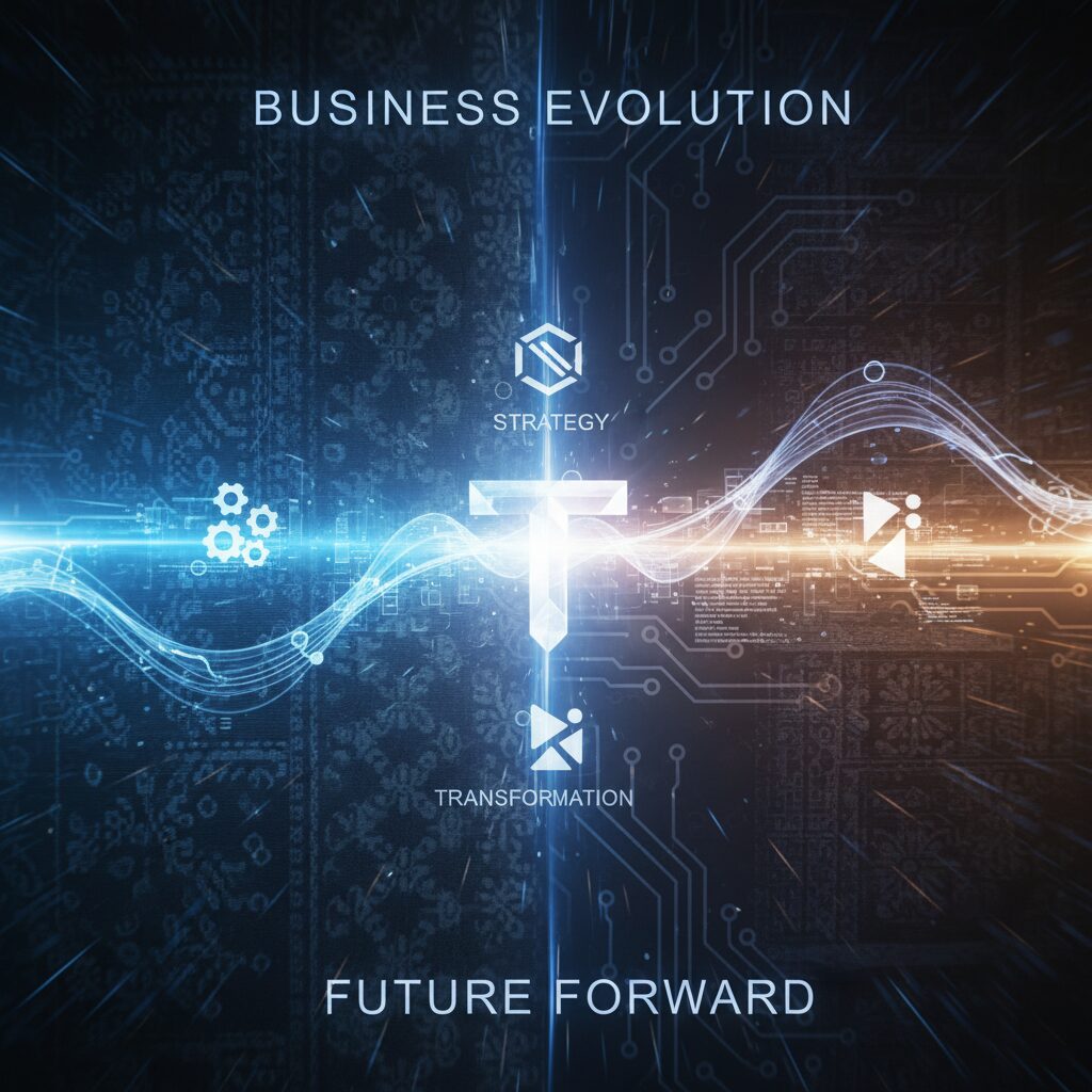 ユニチカのロゴ、繊維の織り目、そしてAI技術を象徴するデジタル回路が融合した抽象的なイメージ図。企業の変革を表現している。