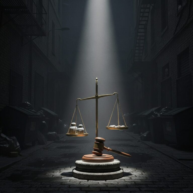 暗い路地裏で天秤と裁判官の槌が照らされているイメージ画像。特殊詐欺の重い刑罰と司法の判断を表現。