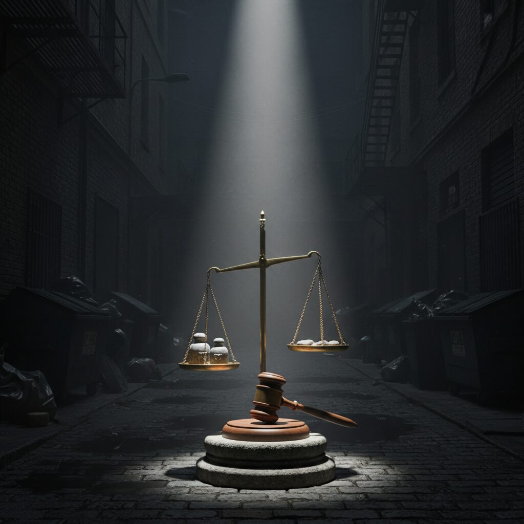 暗い路地裏で天秤と裁判官の槌が照らされているイメージ画像。特殊詐欺の重い刑罰と司法の判断を表現。