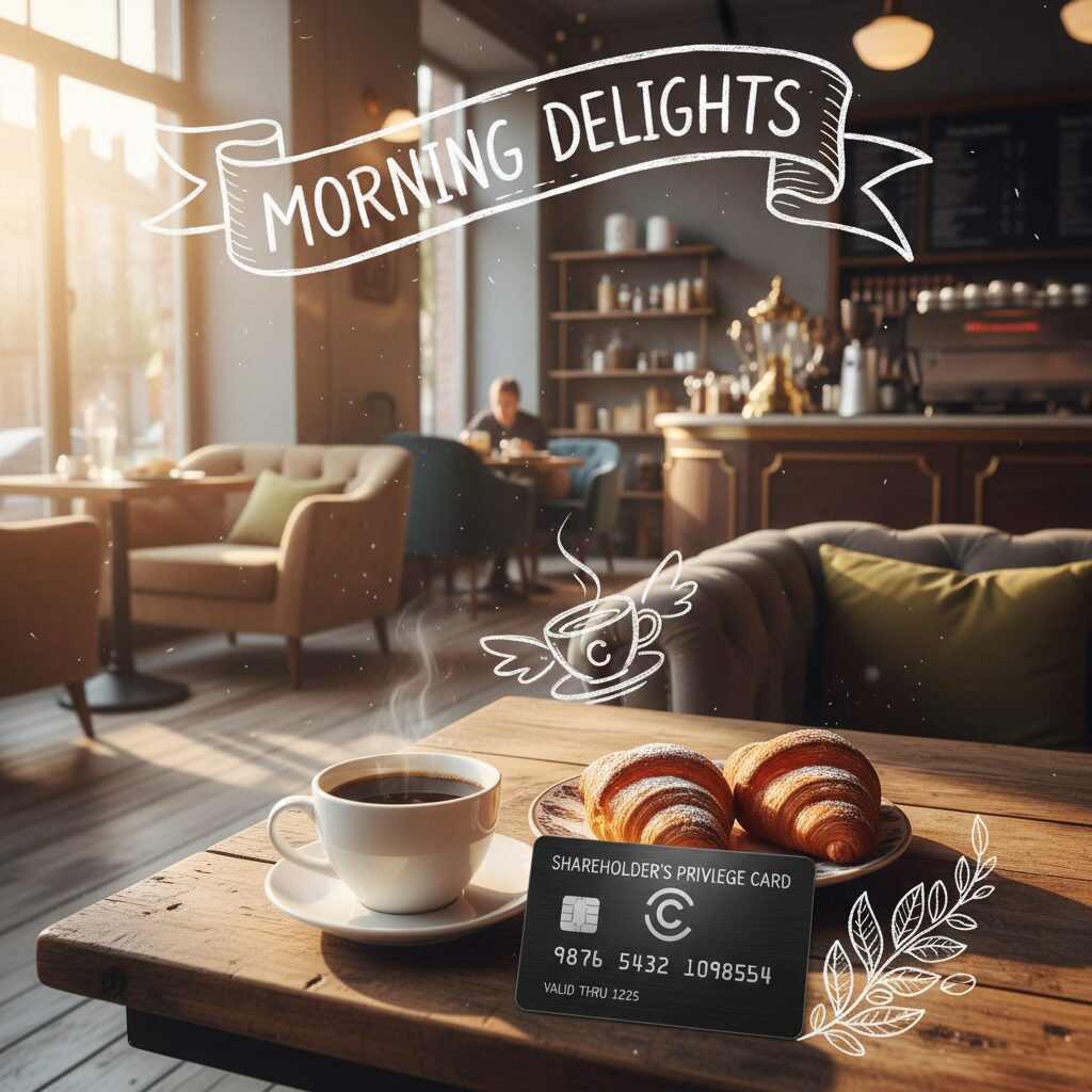 サンマルクカフェのコーヒーとパン、そして優待カードをイメージしたお洒落なカフェの風景